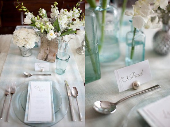 Light Blue Glass Centerpieces Light Blue and Brown wedding favor containers